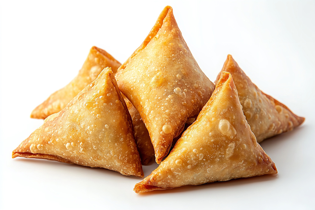 Indian appetizers Isolated white backdrop with onion samosas. Generative Ai